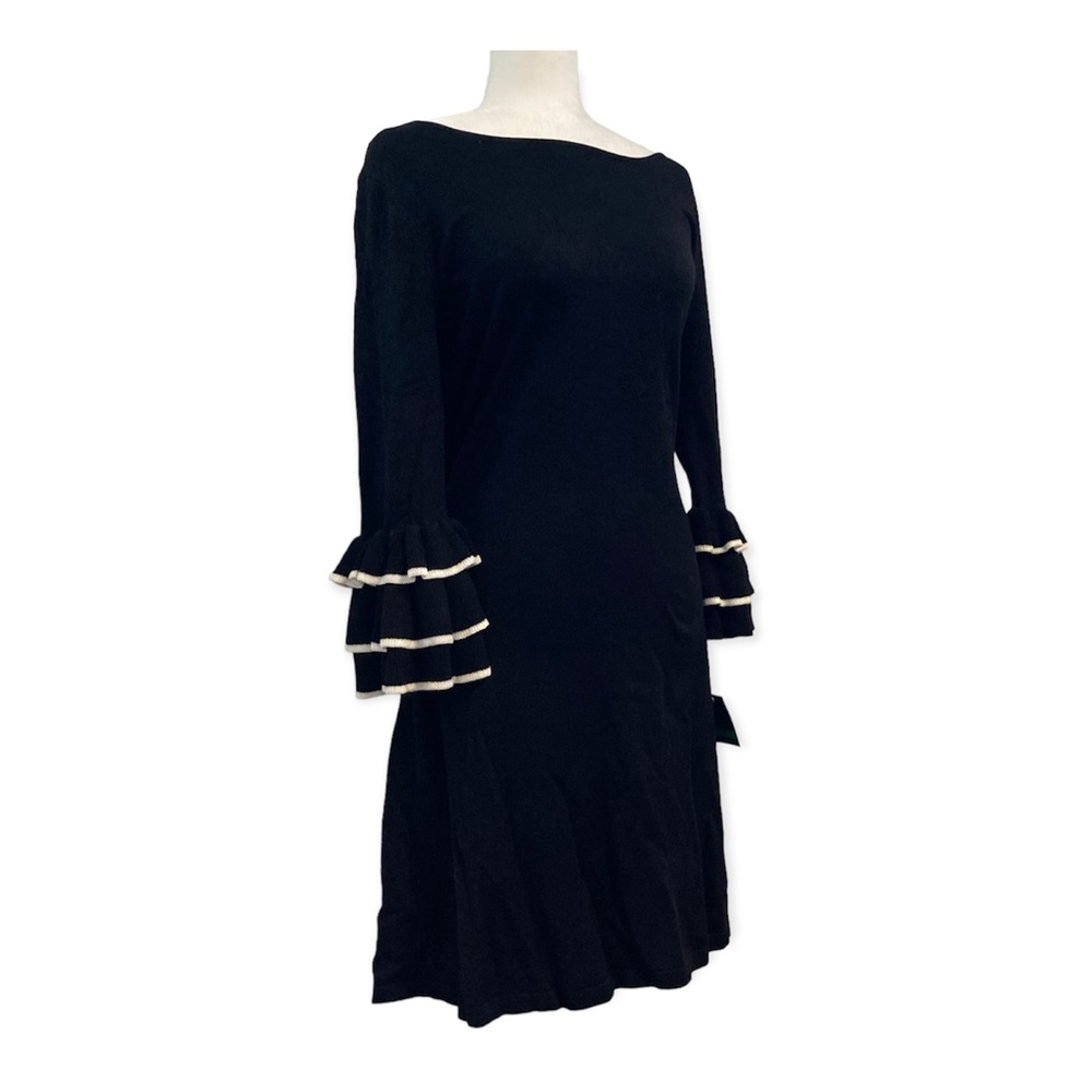 Gabby Skye Tiered Bell Sleeve Rayon Knit Sweater Dress Women’s Large Black